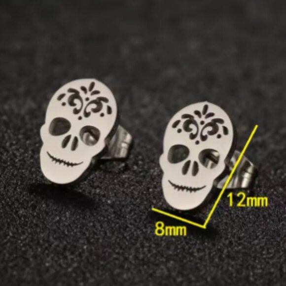 Stainless Steel Sugar Skull Stud Earrings - NEW - Picture 2 of 2